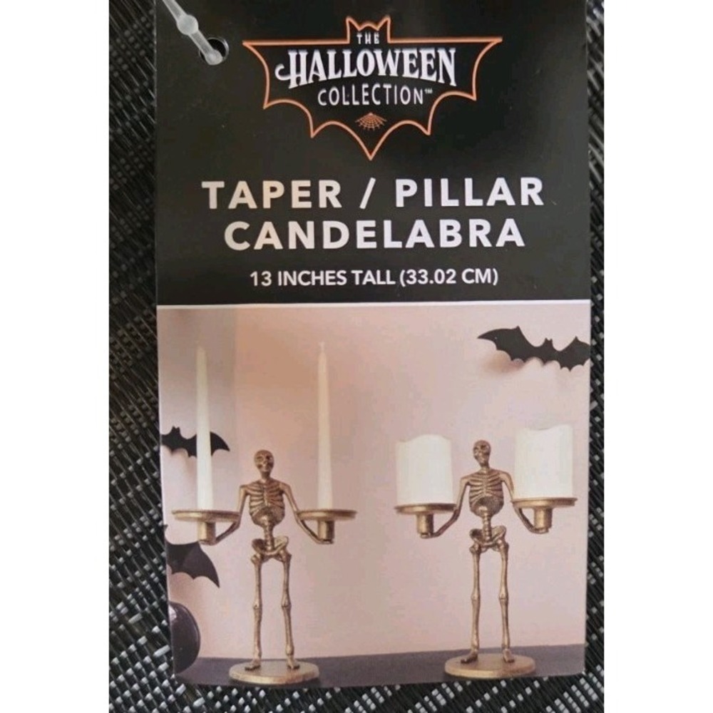 Aldi Halloween Skeleton Candelabra Pillar Gold 13" Tall Home Decor Candle Holder